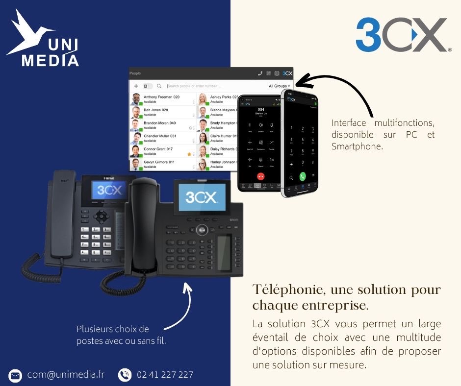 Uni__Media's tweet photo. TÉLÉPHONIE | @3CX, l'IBX d'entreprise dernière génération. 📞

Une solution 𝐬𝗶𝗺𝗽𝗹𝗲 à 𝘂𝘁𝗶𝗹𝗶𝘀𝗲𝗿 pour les collaborateurs au bureau ou en télétravail et 𝐟𝐚𝐜𝐢𝐥𝐞 à 𝐚𝐝𝐦𝐢𝐧𝐢𝐬𝐭𝐫𝐞𝐫. 💻 

#Téléphonie | #Entreprise | #Télétravail | #Angers https://t.co/pXzXF1DKfs