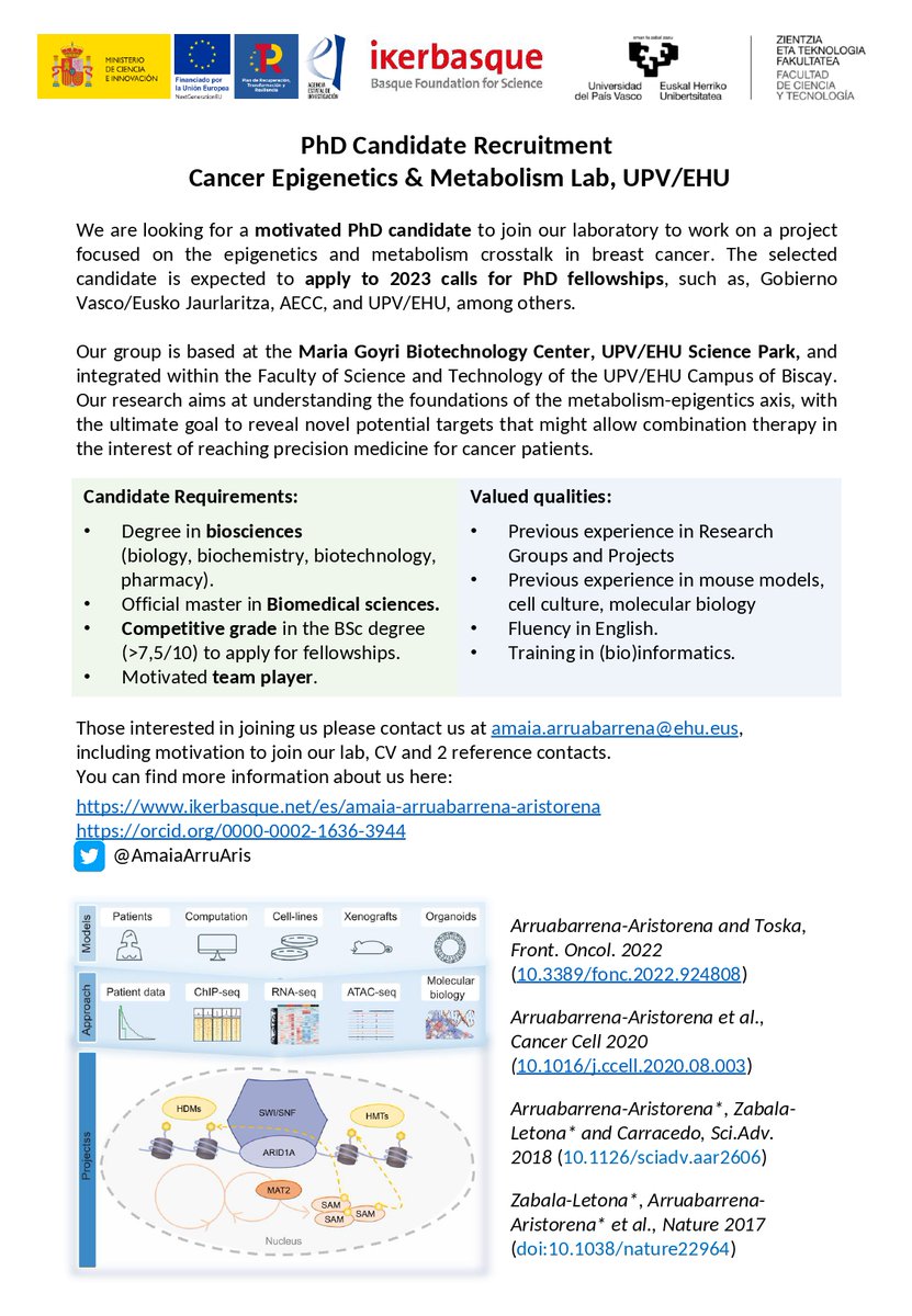 Amaia Arruabarrena-Aristorena (@amaiaarruaris) on Twitter photo 📢We are looking for a motivated PhD candidate to join our lab to work on a project focused on the epigenetics and metabolism crosstalk in breast cancer!🔬🧫🧬 Those interested contact us at amaia.arruabarrena@ehu.eus Please spread the word! 📢We are looking for a motivated PhD candidate to join our lab to work on a project focused on the epigenetics and metabolism crosstalk in breast cancer!🔬🧫🧬 Those interested contact us at amaia.arruabarrena@ehu.eus Please spread the word!