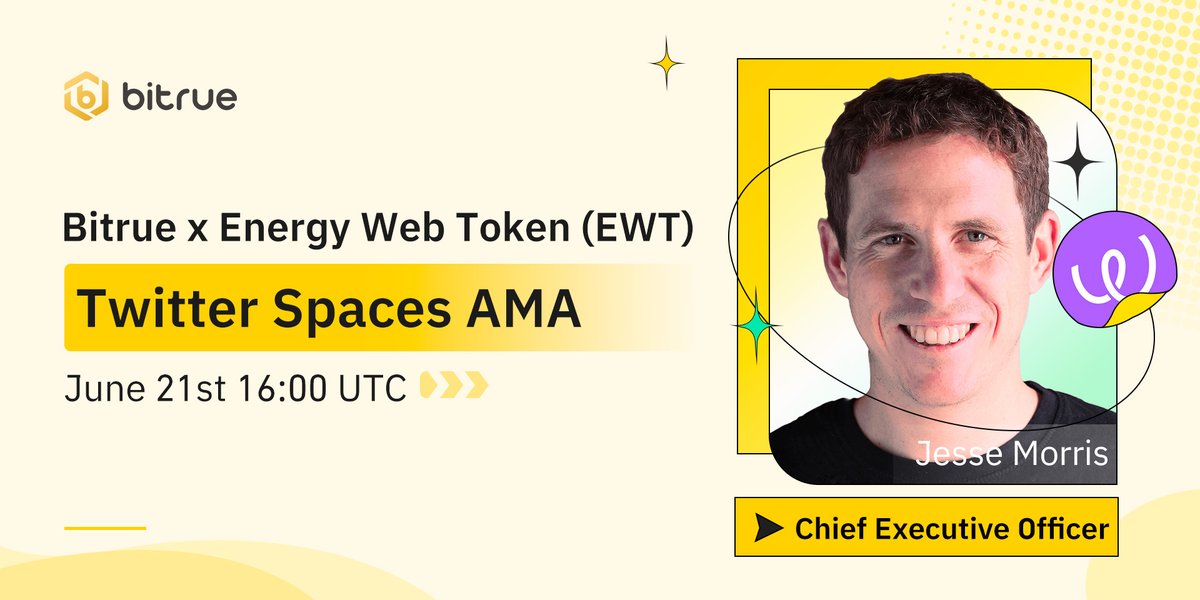 🥳 Bitrue x @energywebx #AMA

📢 Guest: Jesse Morris, Chief Executive Officer

🎁 Join & Share $200 worth of $EWT bit.ly/3Nz3FUA 

⏰ 21st June, 16:00 UTC

✅ Follow @BitrueOfficial @energywebx
✅ RT & Tag 3 friends

📍Set Reminder twitter.com/i/spaces/1OyKA…