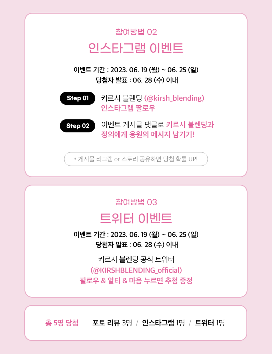 KIRSHBLENDING's tweet photo. ✨키르시블렌딩x노정의 싸인폴라 이벤트✨
계정 팔로우 및 해당 게시글을 RT , 마음 누르면 이벤트 신청 완료✅
아래 사진으로 자세한 기간과, 다양한 이벤트 참여 방법까지 확인하실 수 있습니다🥰
앞으로 키르시블렌딩과 정의의 소식은 공식 트위터 계정을 통해 많이 알려드릴 예정입니다 많관부🫶🏻🍒 https://t.co/DbGpDYMDZ2