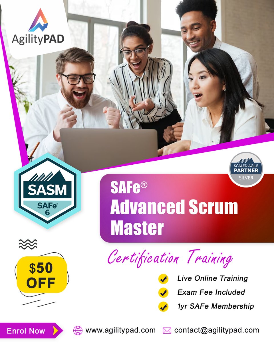 Boost your career with SAFe® Advanced Scrum Master (SASM) Certification.
✅ Get $50 OFF

agilitypad.com/safe-advanced-…

#scrum #scrummaster #scaledagile #kanban #scrumban #safeagilist #Safe6  #agilitypad #agilemindset #agiletransformation #scrumtraining #scrumstudy #advancescrum