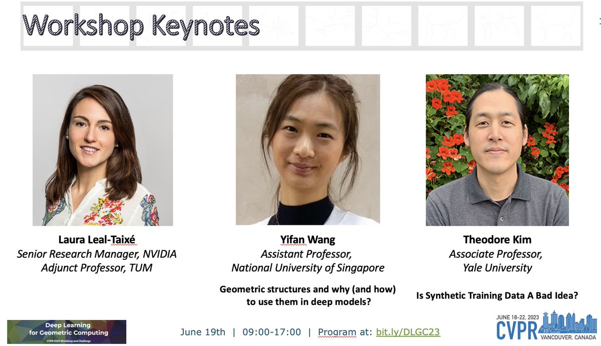 ilkedemir's tweet photo. See you at 9am in #DLGC at #CVPR2023! Super interesting keynotes by @lealtaixe, @toomanyyifans, @_TheodoreKim; novel #geometric #deeplearning approaches in oral talks; and our classic collaboration session to seed new projects. #SkelNetOn is back @CVPR! https://t.co/sTJYzwgWJB https://t.co/cCJv2w7qW6