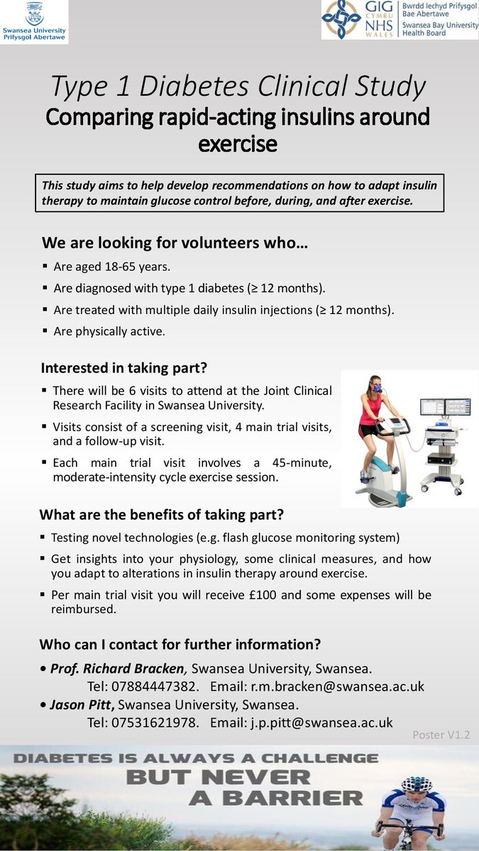 🔬 Researchers from Swansea University are looking to recruit individuals with #type1diabetes to join a research study comparing rapid-acting insulins around exercise. Find more information below 👇