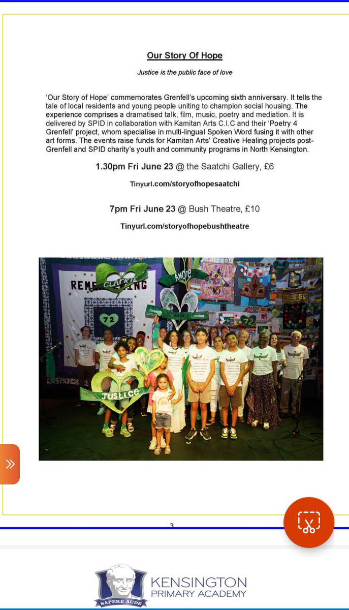 We would like to thank @KPAschool as well as @TBMHMusic @LancWestEstate 4 getting the word out in their newsletters!  Plse join @spidtheatre & #KamitanArts #Poetry4Grenfell as we explore the source of HOPE in the midst of the injustice. Fri 23rd June @SaatchiArt & @bushtheatre 💚