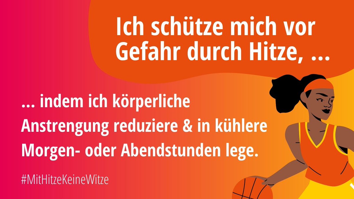 Hitze kann lebensgefährlich sein. Ein Tipp, der oft nicht beherzigt wird: Bei hohen Temperaturen sollten die körperlichen Aktivitäten reduziert werden. #Hitzeschutz #MitHitzeKeineWitze #AktionsbündnisHitzeschutz @SenWGP @KlimaGesundheit  @LAGeSo_Berlin