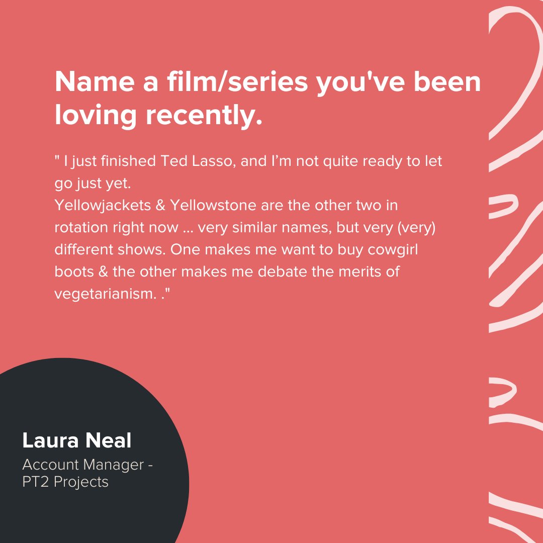 Meet Laura 👋

Laura is the Account Manager of the PT2 Projects department. 🎬

Swipe to see what Laura loves about her job &amp; what she's liking on TV recently! 💗

#pt2 #procamtake2 #pt2projects #meettheteam #accountmanager #milticam #live #tedlasso #yellowjackets #yellowstone