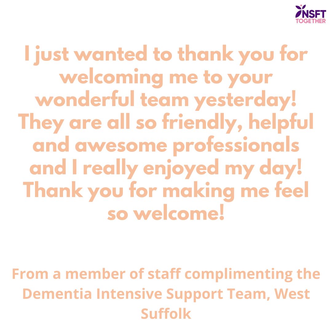 Today's #ComplimentCorner is from a member of staff who has recently joined our DIST team in West Suffolk.
The team are recruiting a Non-Medical Prescriber to join their welcoming MDT: 
For info/to apply: orlo.uk/bdgZZ

#WhyNSFT #NSFTJobs #MentalHealthJobs #NSFT