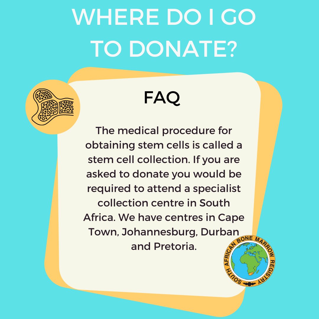 sabonemreg's tweet photo. We have another Frequently Asked Question post for you today. We often get asked, where one goes to donate. We have collection centres in Cape Town, Johannesburg, Durban, and Pretoria.
#FAQ #stemcellawareness #stemcelleducation #savealife #signup #stemcelldonorawareness https://t.co/LtkAbc59no