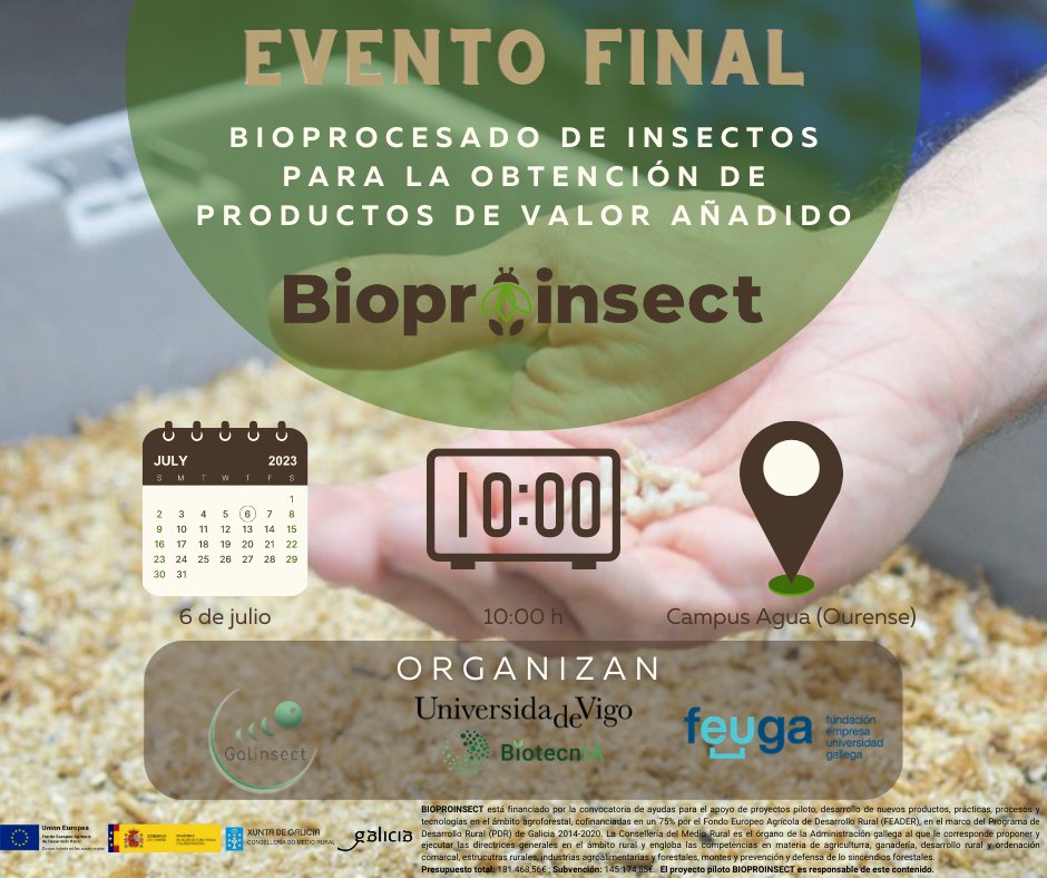 FEUGA_oficial's tweet photo. #FEUGAimpulsa 📣 ¡Toma nota! El próximo 6 de julio a las 10hrs. se celebrará, híbrido, el evento final del proyecto gallego #BIOPROINSECT🐛, en el que participamos, en el @CampusAugaUVigo, en Ourense.👇 https://t.co/ldVCXv4Vkt