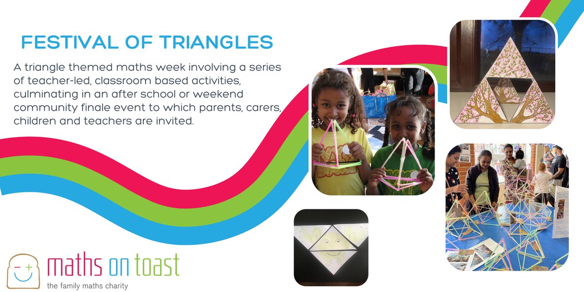 Our Festival of Triangles resource pack - a triangle themed #mathsweek. A series of teacher-led, classroom based activities, culminating in an after school or weekend community finale event to which parents, carers, children and teachers are invited. mathsontoast.org.uk/what-we-do/for…
