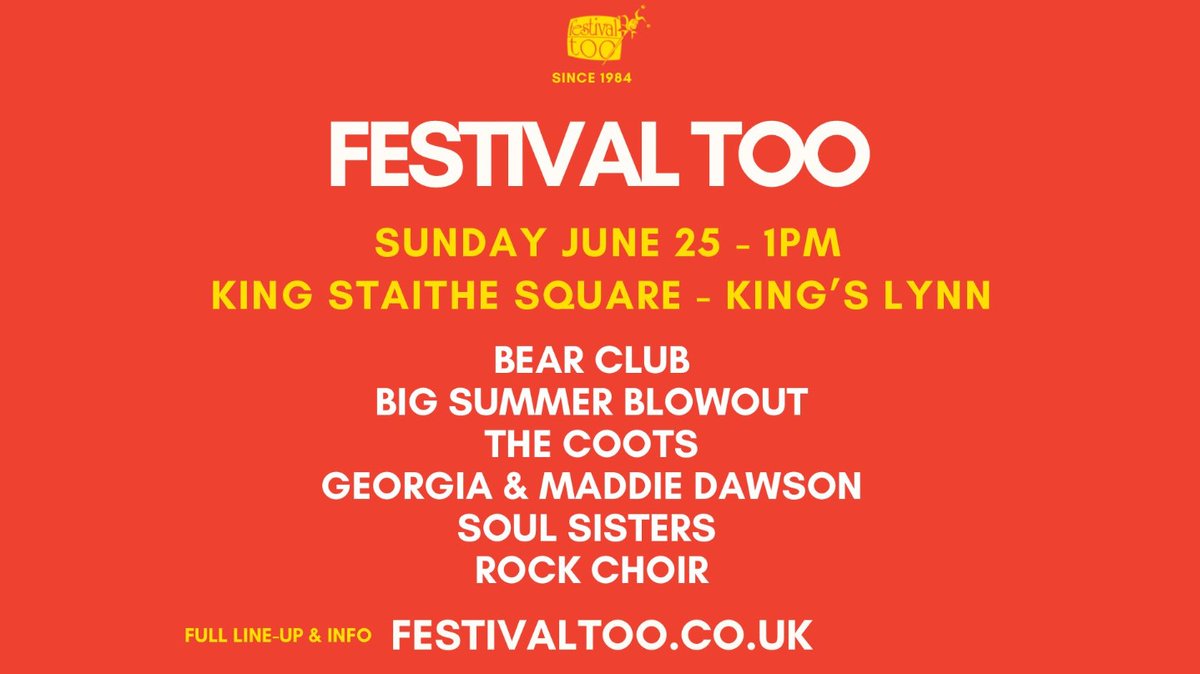 Don’t miss Festival Too this weekend in King’s Lynn!

🎆 Saturday 24th June: Daytime entertainment, fireworks and <a href="/RickParfittJnr/">Rick Parfitt Jnr</a>.

🎶 Sunday 25th June: <a href="/BearClubBandUK/">Bear Club</a>, Big Summer Blow Out, The Coots (and much more!).

#FestivalToo23 <a href="/FestivalToo/">Festival Too</a> festivaltoo.co.uk