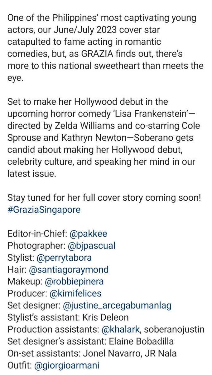 #LizaSoberano is on the cover of GRAZIA SINGAPORE wearing Giorgio Armani 😍
instagram.com/p/CtqPAUUyldJ/…

First she's in US magazine @TandCmag & hailed as one of Hollywood's brightest new stars, and now she's the covergirl for a magazine in Singapore!
Proud of you Liza! #pinoypride 🇵🇭