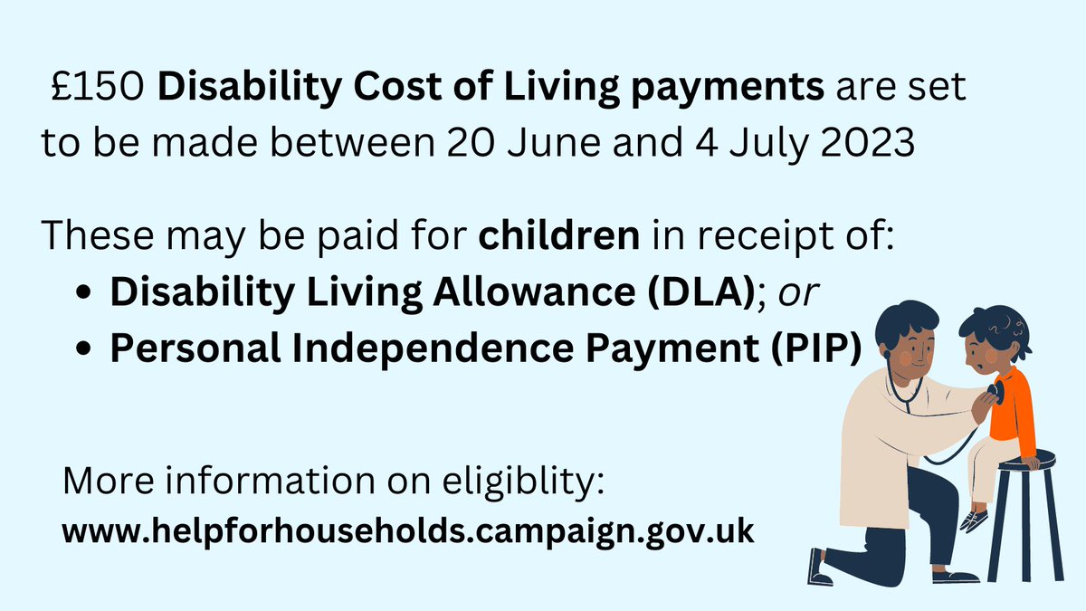 Children with disabilities/long-term health conditions may be paid a £150 Disability Cost of Living Payment over the next 2 weeks (eligibility criteria apply, see: helpforhouseholds.campaign.gov.uk) #CostofLiving #DisabilityLivingAllowance #PersonalIndependencePayment