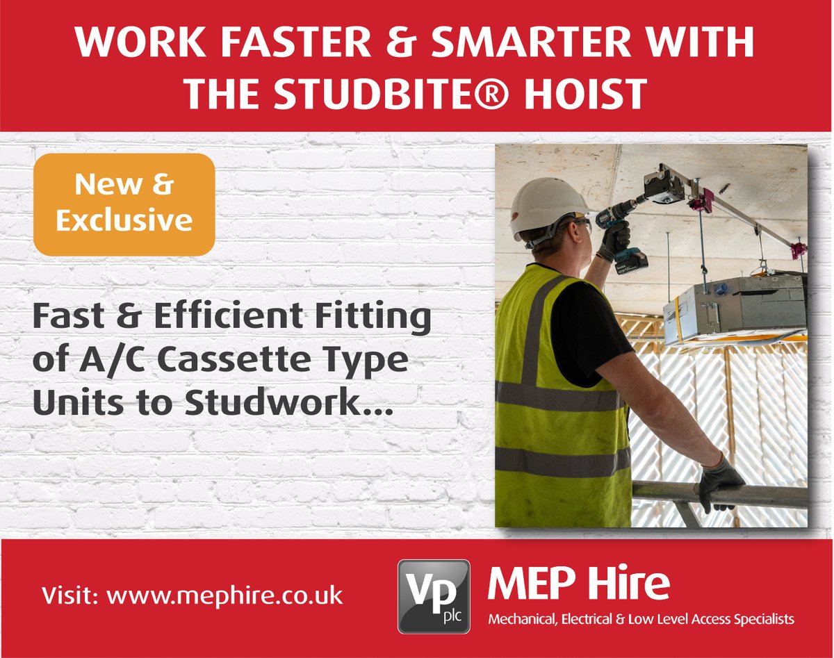 Are you looking for an easier way to fit A/C cassette units to stud? The STUDBITE® Hoist attaches to M8 and M10 stud, eliminating manual lifting and handling. New to the market and exclusive to MEP Hire, find out more at: lnkd.in/eHVJ4ugb
#studwork #toolhire #studbitehoist