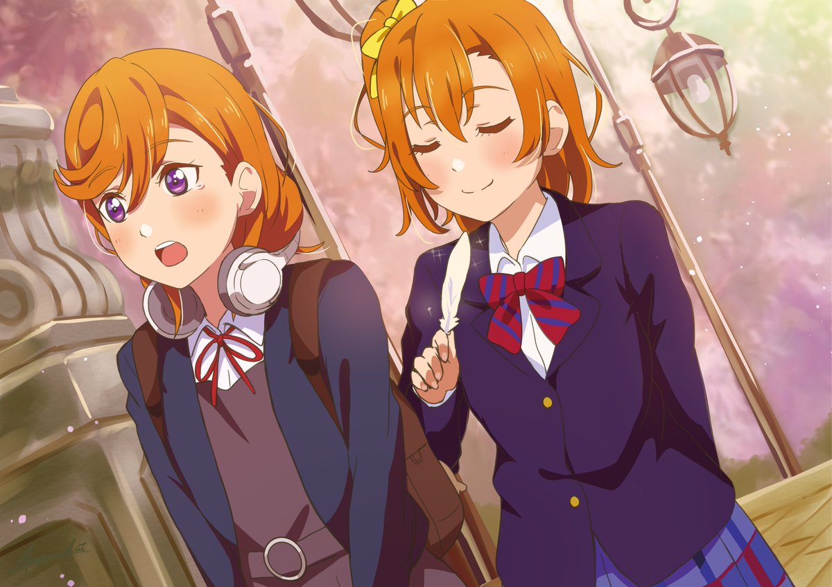 kousaka honoka ,shibuya kanon multiple girls 2girls orange hair headphones around neck school uniform headphones yuigaoka school uniform  illustration images