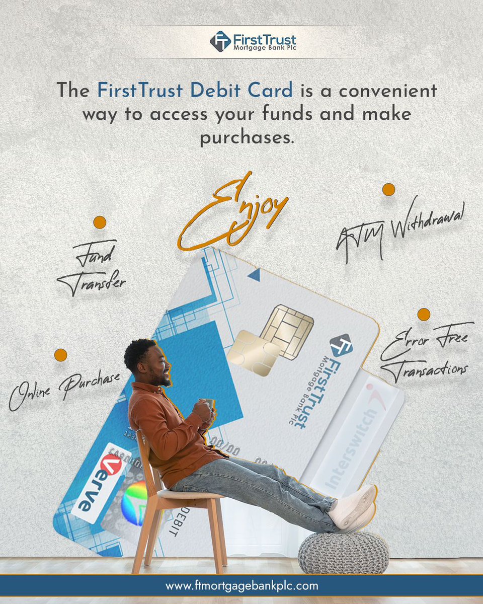 Get your FirstTrust Debit Card today and enjoy seamless transactions always. 

#FirstTrust #mortgages #mortgagebank #mortgageloan #mortgagebanking #mortgagebankinnigeria #mortgagelender #mortgagelending #primarymortgagebank #productsandservices #debitcard #seamlessbanking