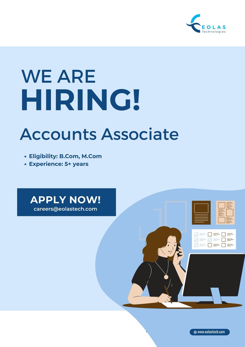We're Hiring!
Interested candidates, please share your updated resume to careers@eolastech.com

#accountantjobs #Joinourteamnow #WeAreHiring #eolastech #mahe