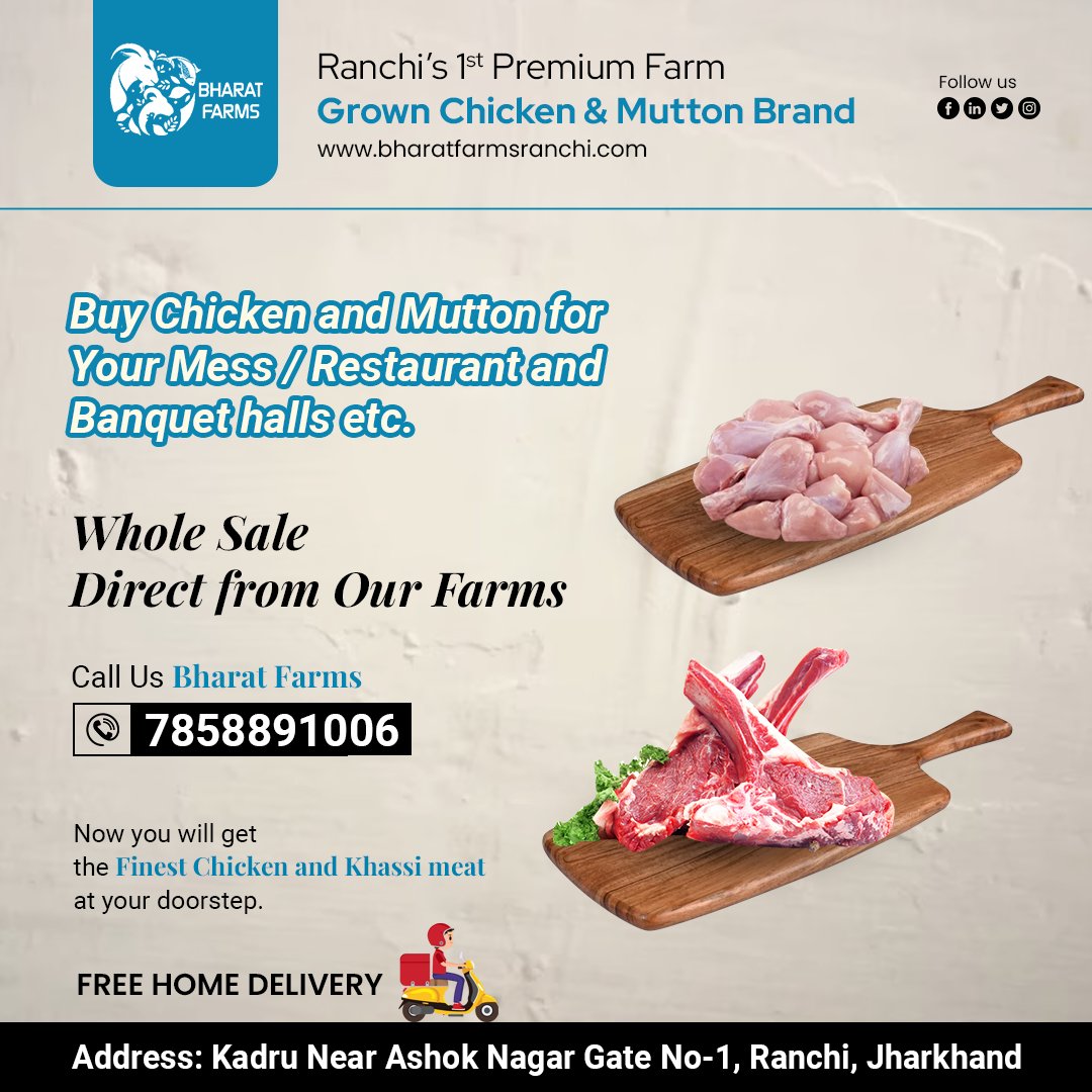 Are you looking for top-quality chicken and mutton for your mess, restaurant, or banquet halls? Look no further! Bharat Farms brings you the finest selection of tender and flavorful meats to elevate your culinary experience.

#BharatFarms #PremiumMeats #ChickenAndMutton