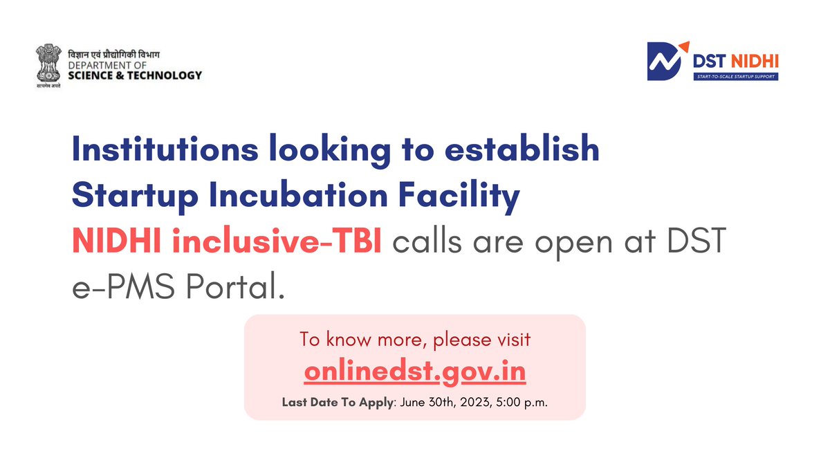 DSTIndia (@indiadst) on Twitter photo 📢 <a href="/IndiaDST/">DSTIndia</a> invites #proposals from #Institutions looking to establish #startup #Incubation #Facility.
🔷Last Date To Apply: June 30th, 2023
🔷NIDHI i-TBI calls are now open on: onlinedst.gov.in
<a href="/DrJitendraSingh/">Dr Jitendra Singh</a> <a href="/srivaric/">chandra Srivari</a> <a href="/startupindia/">Startup India</a> 📢 <a href="/IndiaDST/">DSTIndia</a> invites #proposals from #Institutions looking to establish #startup #Incubation #Facility.
🔷Last Date To Apply: June 30th, 2023
🔷NIDHI i-TBI calls are now open on: onlinedst.gov.in
<a href="/DrJitendraSingh/">Dr Jitendra Singh</a> <a href="/srivaric/">chandra Srivari</a> <a href="/startupindia/">Startup India</a>