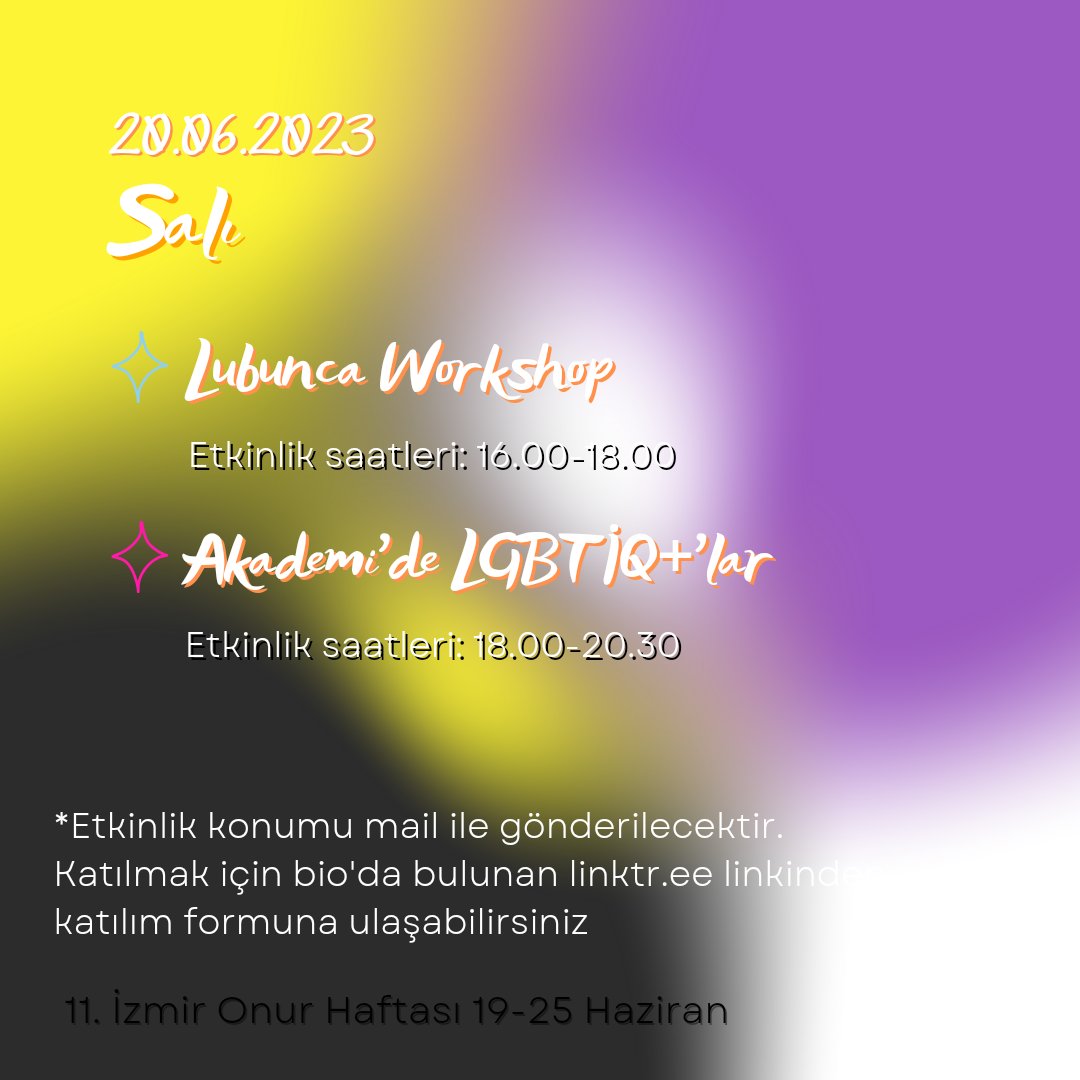 20 Haziran Salı etkinliklerimiz 'Lubunca Workshop' ve 'Akademi'de LGBTİQ+'lar'.

Lubunca Workshop etkinliğimizde lubunca öğrenmekten ziyade lubunca'nın tarihine değinecek ve oyunlar oynayacağız.