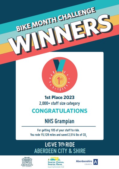 We are delighted to announce that we came 1st in our category in Scotland for Bike Month! 

Huge congratulations to everyone who took part. Together we rode over 15,000 miles including replacing many car journeys with cycling therefore helping the planet as well as our bodies.
