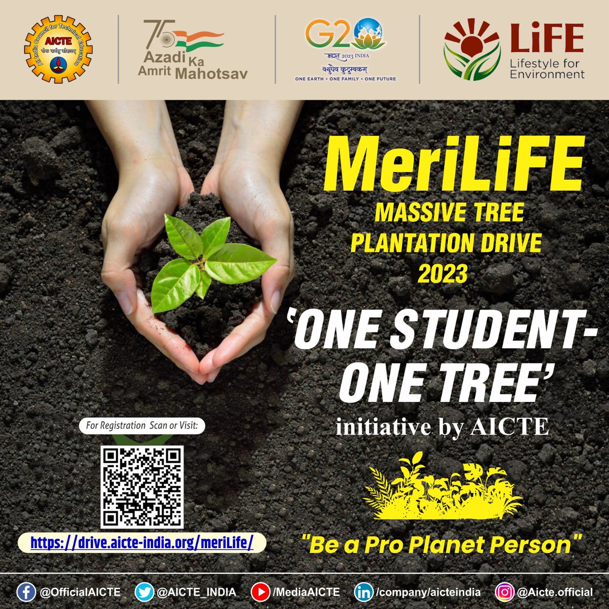 'Each one...plant one,' AICTE introduces an exciting incentive for participating in tree plantation initiatives. Students, faculty, and staff members who actively contribute to this noble cause will be acknowledged as Pro Planet People.
#MeriLiFE #PlantationDrive #AICTE…