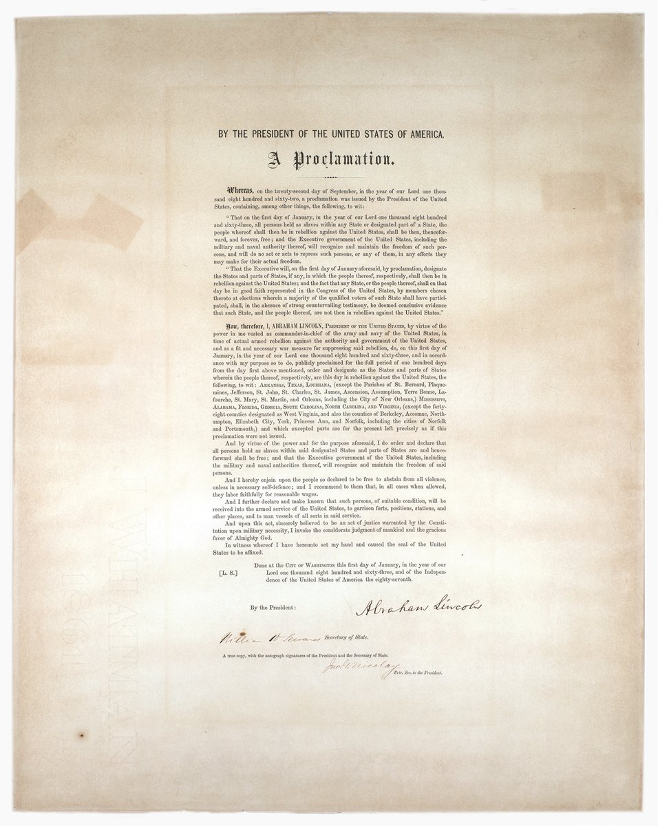 Word of the #EmancipationProclamation finally reaches enslaved people in Galveston, TX, on #Juneteenth 1865. A rare printing, signed by Lincoln, is on display in #CivilWarandReconstruction for a limited time! 

Artifact Credit: On loan from The Galbraith Family 2012 Trust