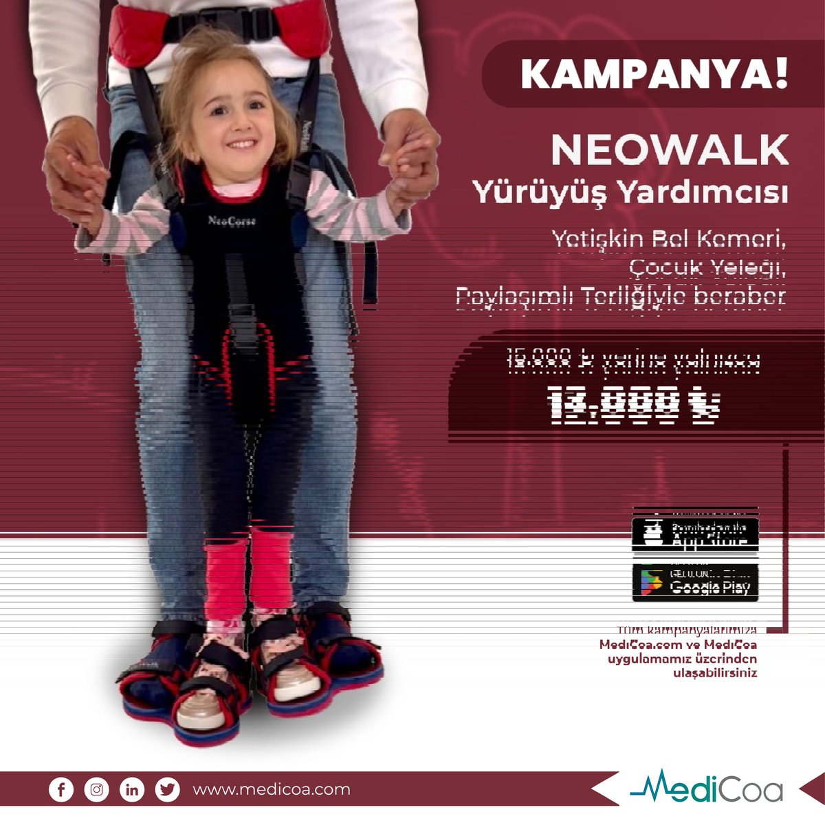 NeoWalk, yetişkin bel kemeri, çocuk yeleği ve paylaşımlı terlikleriyle birlikte satılan bir yürüyüş yardımcısıdır. 
Hem çocuklar için yeni imkanlar sunar hem de ailelere daha iyi etkileşim ve fırsatlar sağlar.

#medikal  #eticaret #saglik #yürüme #ortopedi
