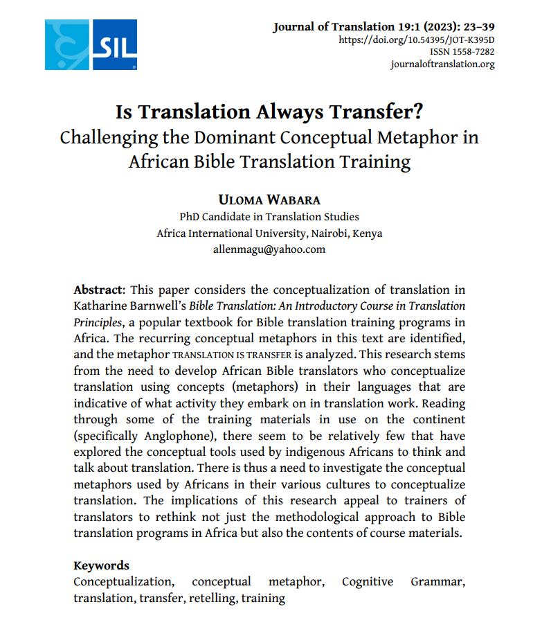 In “Is Translation Always Transfer?” Uloma Wabara recommends beginning translator training workshops with simple exercises aimed at helping participants discover their own conceptualizations of translation before introducing outside metaphors. doi.org/kfsw #xl8 #t9n
