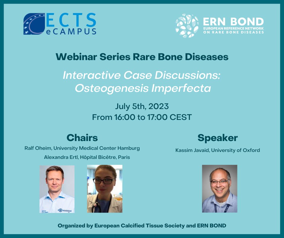 Interactive Case Discussions: Osteogenesis Imperfecta 📌 July 5th, 2023 ⏰ From 16:00 to 17:00 CEST 👉🏻 Chairs: Prof. Dr. @RalfOheim, @AlexandraErtl 🗣 Speaker: @KassimJavaid, University of Oxford Register here -> bit.ly/3NcM5nP