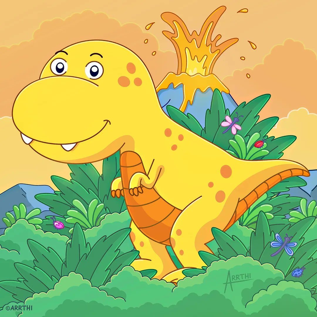 June prompt is Yellow by @scbwi !  Here is Tommy the T-Rex strolling through a lush jungle. Watch out for the volcano dude! 🦖🌋
#SCBWIDrawThis #characterdesign #originalcharacters #dinosaur #trex #kidlit #kidlitart  #arrthi