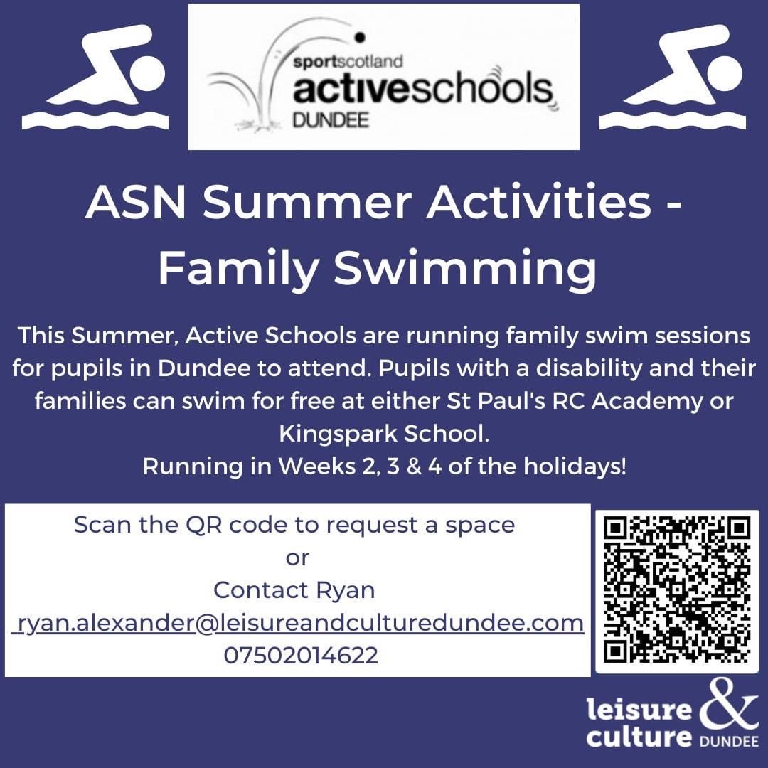 Free Swimming sessions for children with ASN and their families. See information below for how to book