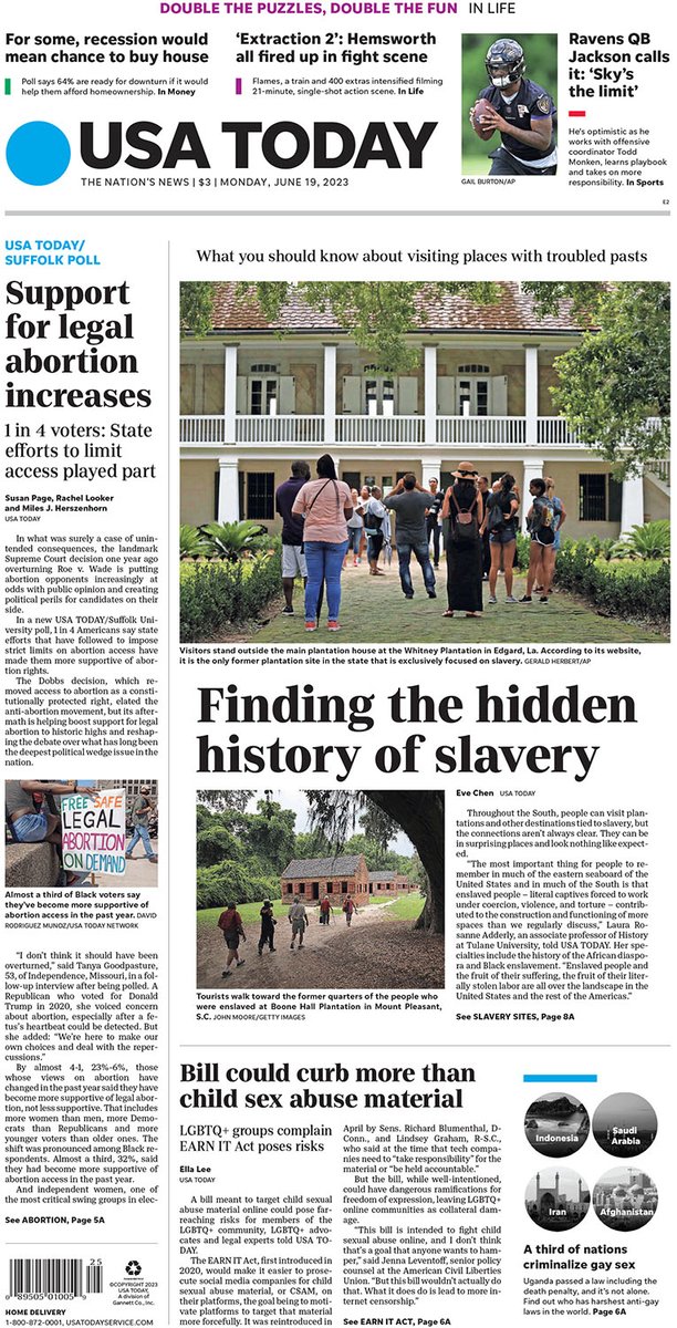 USATODAY's tweet image. In Monday’s paper:
- Finding the hidden history of slavery
- USA TODAY/Suffolk Poll: Support for legal abortion increases
- Bill could curb more than child sex abuse material