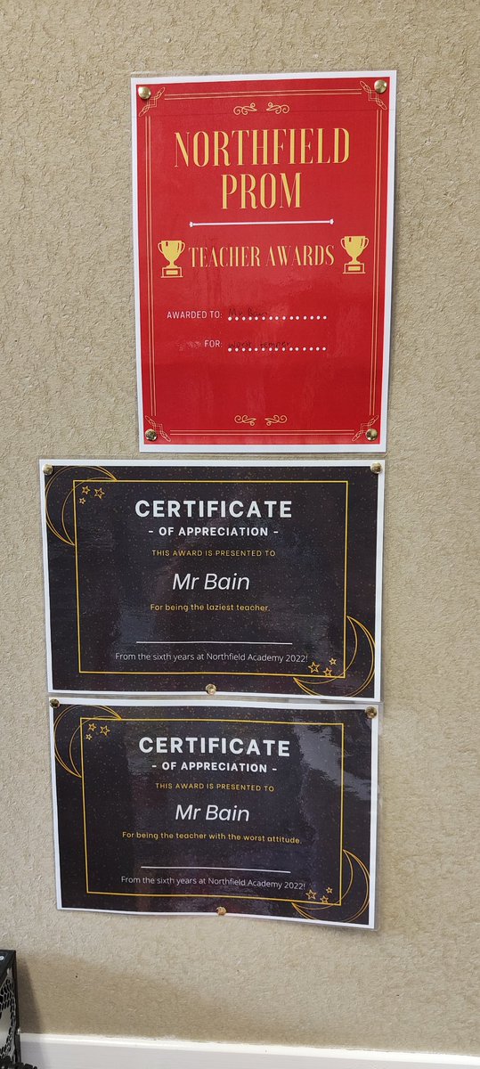 MrBain25's tweet photo. Proud to add another award to my collection at the school prom on Friday - 'Worst Temper' added to 'Laziest Teacher' and 'Worst Attitude' from last year! https://t.co/rgGSDBuvUm