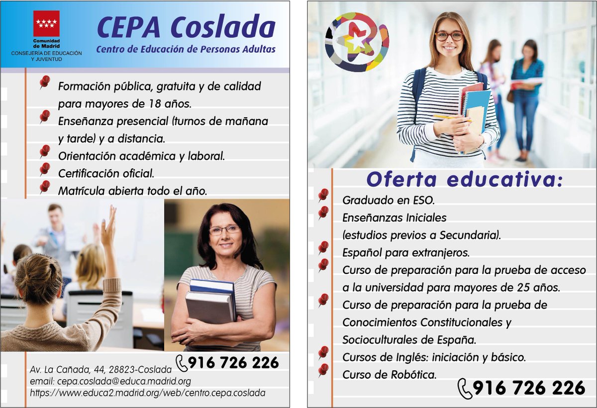 📌 ℹ️ 🆕 Ya puedes solicitar plaza en el <a href="/CepaCoslada/">CEPA_Coslada</a> para el próximo curso.
🗓 Hasta el 1️⃣5️⃣ de julio.

🔴 #CEPACoslada
Av. Cañada, 44
☎️ 91.672.62.26

 ℹ️ Info ⤵️

 #Cidaj #CosladaJoven #EstudiosyProfesiones #Coslada

bit.ly/3AbdLof
