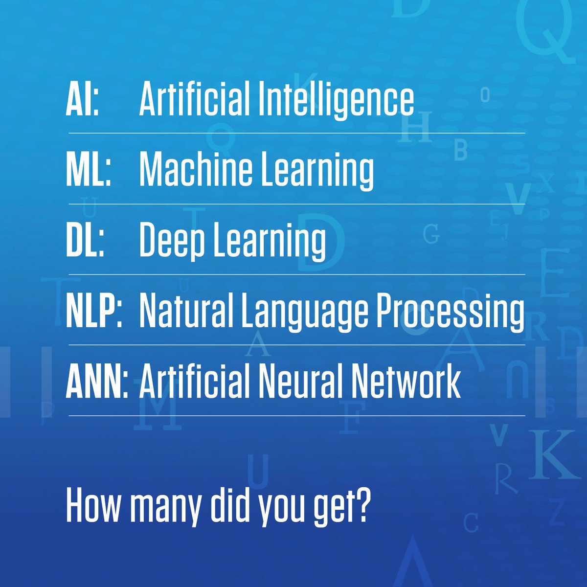 Time to put your AI terminology knowledge to the test! 👩‍🏫

Can you tell your #AI from your #ML? See if you can recognise all the acronyms below 👇 

We'll give you the first one for free... how many can you guess? 🤔