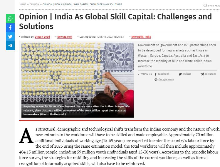 dineshkumarsood's tweet image. India has the potential to become a global skill capital. However, government-to-government and B2B partnerships are crucial for this. Read my article published in &quot;News 18&quot; exploring this important topic @PMOIndia @NSDCINDIA. Link - news18.com/opinion/opinio…