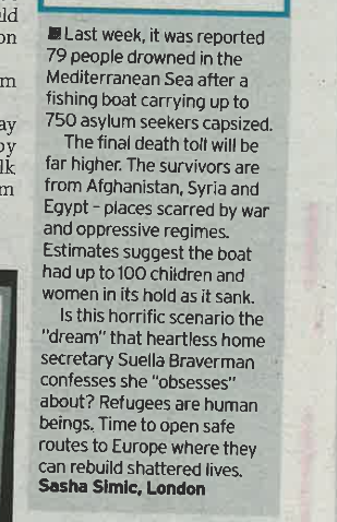 @sashasimic in the @DailyMirror on the recent horror in the #Mediterranean - a consequence of #FortessEurope's racist policies.
Join the @AntiRacismDay protest, 6pm tonight at Downing Street to demand #SafePassageNow for refugees.
#RefugeeWeek 
#CompassionIntoAction