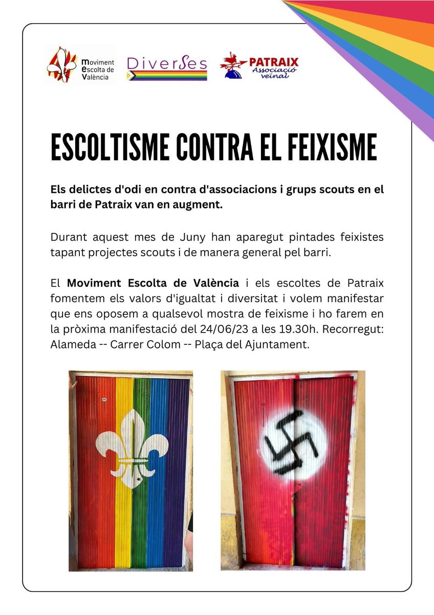 📢 Condemnem amb fermesa el feixisme i totes les accions fetes en el seu nom. Els escoltes i les guies eduquem en els valors de la democràcia, la solidaritat i la cultura de la pau, valors clarament antifeixistes. (1/3)