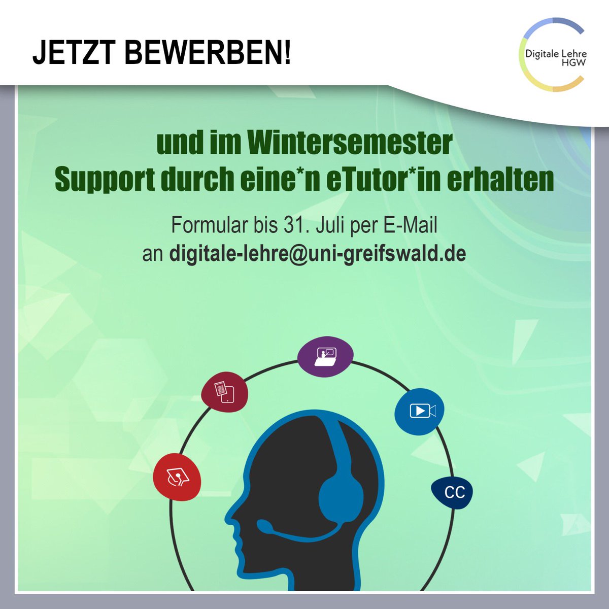 Bereiten Sie schon das #WiSe2324 vor und möchten Digitales in der Lehre nutzen? Dann profitieren Sie vom 👨‍💻👩‍💻 eTutor*innen-Programm und lassen sich unterstützen.
👉 t1p.de/vg2n3

#etutor #etutorin #etutorinnenprogramm #unigreifswald #digitalelehre #hochschuldidaktik