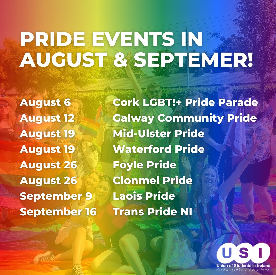 The Dublin Pride parade takes place this Saturday & USI can't wait to take part! There are lots of pride events being held across Ireland this summer - swipe to see the dates We wish all students, SU officers & all a very happy Pride! ❤️🧡💛💚💙💜 #Pride2023 #PrideIsAProtest