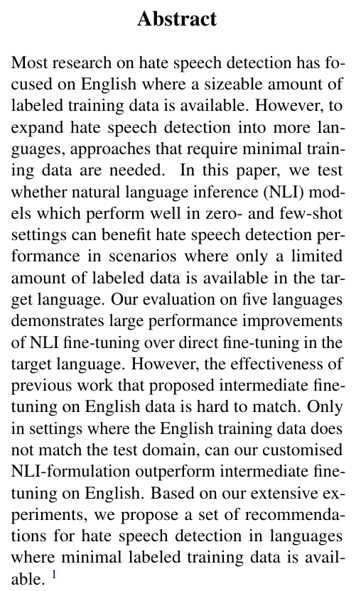 Excited to share that our paper “Evaluating the Effectiveness of Natural Language Inference for Hate Speech Detection in Languages with Limited Labeled Data” has been accepted at @WOAHWorkshop! 🥳 arxiv.org/abs/2306.03722 Work with Moritz Preisig, @chantalamrhein, @center_text