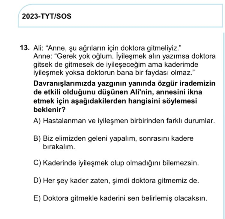 Sınavda çıkan felsefe sorusuna bakın!
Sanki imam hatip lisesinde din bilgisi sorusu soruyor.
Kader kavramı dini bir kavramdır. Bu sorunun soruluşu, inançsızlığı veya kadere inanmamayı yok sayıyor. Dolayısıyla felsefe sorusu değildir.
Türkiye'de felsefe, ilahiyata araç yapılıyor.