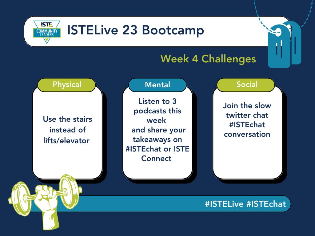 🚀 Ready for the next adventure? Week 4 Challenges of the #ISTELive 23 Bootcamp are here!💡
Join us and be part of the journey towards an extraordinary ISTELive conference experience!
#ISTELive #ISTEChat @mrshowell24 @gret @nmzumpano @PFerris_Coach @CMarcolini1 @Nanette79310814