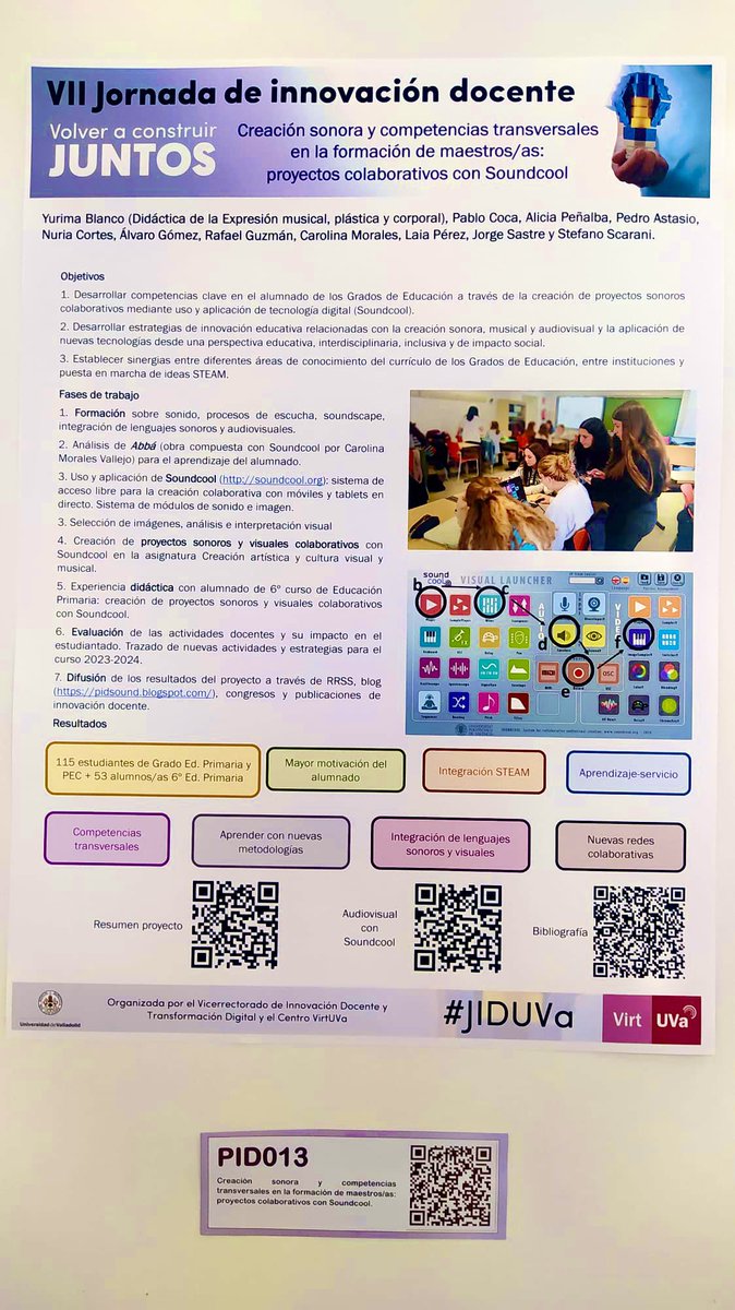 Soundcool_'s tweet photo. #PID #Soundcool VII #JORNADAS #INNOVACIÓN #DOCENTE @universidaddeva 

Proyecto #Creación #sonora y competencias transversales formación maestros/as: proyectos #colaborativos @Soundcool_ principales #objetivos y #resultados

@iteamUPV @redplanea @TelecoUPV  @UPV @UVaPalencia 
#edu https://t.co/UlwQrZNjx9