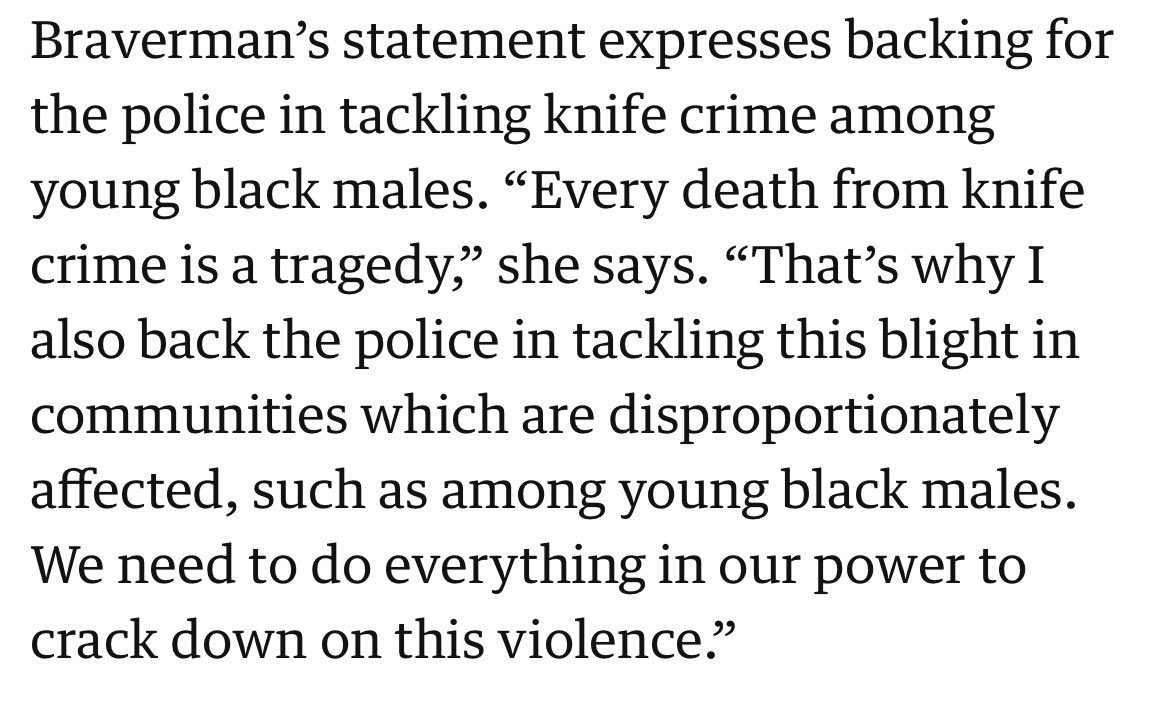 The framing of knife crime as being a Black issue is such a lazy, ill informed and dangerous narrative. The two highest areas of knife crime in the UK are 1. West Midlands (77% white and 13.3% Asian people) and 2. Cleveland (98% white and 2% non white). Stop racially profiling us