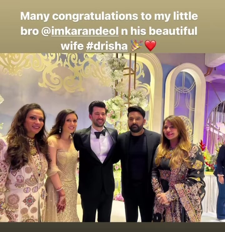 The cutest couple @KapilSharmaK9 and his beautiful wife @ChatrathGinni with newly wed #KaranDeol #DrishaAcharya 🧡. They are looking so adorable😍. God bless you🙏. 

#kapilsharma