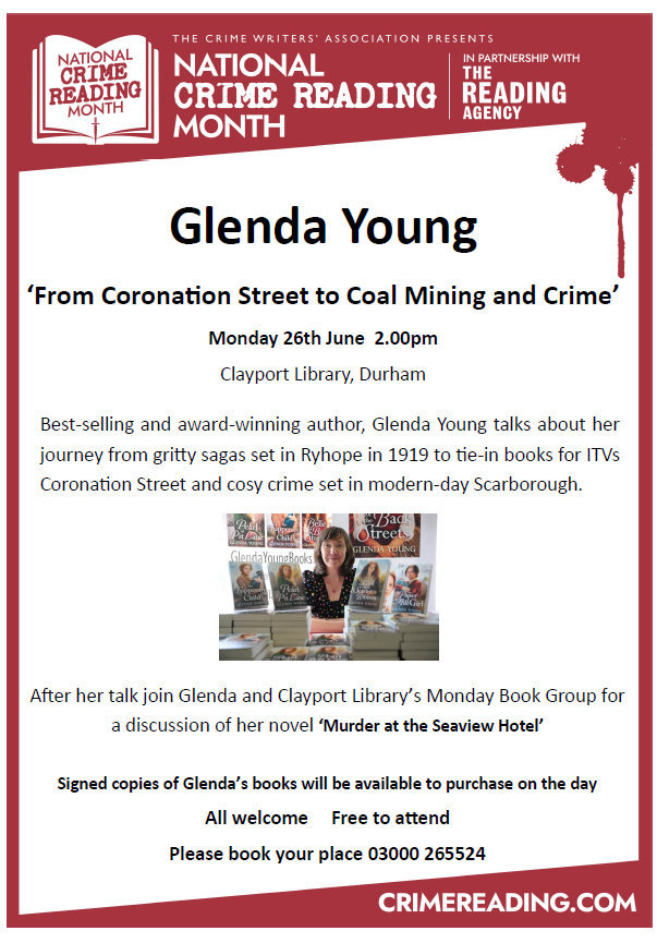 Have you booked your FREE place for this fabulous event with award winning author Glenda Young?

‘From Coronation Street to Coal Mining and Crime’ Monday 26 June at 2pm 

🎟Contact Durham Clayport Library on 03000 265524 for more information

#PickUpAPageTurner 🩸📖