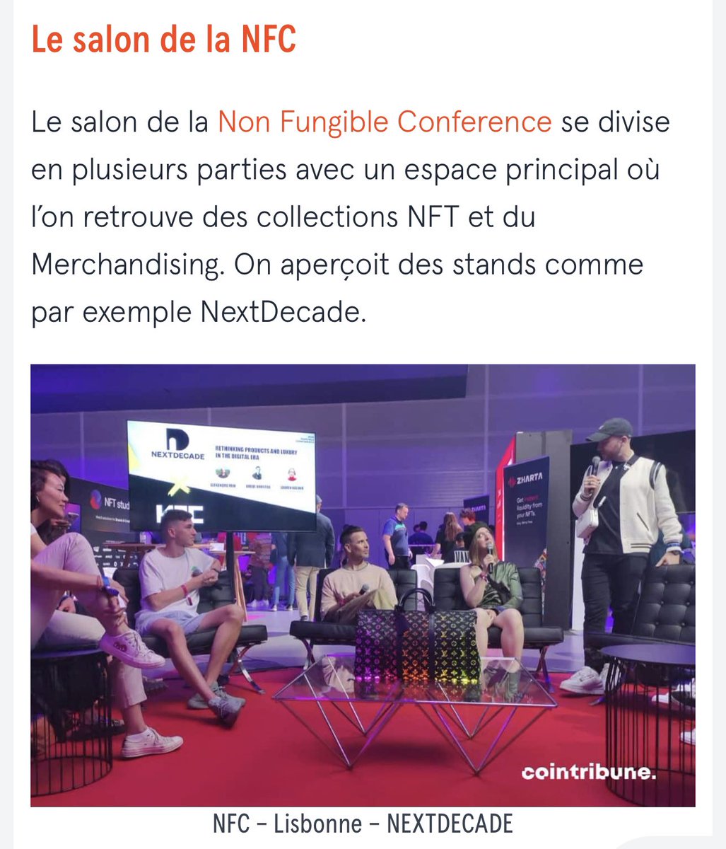 Getting some positive feedback from <a href="/CoinTribuneFR/">Cointribune</a> about Digital Fashion stage with @nextdecadeapp in Libson at <a href="/NFCsummit/">NFC SUMMIT - JUNE 4-6 2026 - LISBON</a> this year ✨

Thank you for having us <a href="/johnkarp/">John Karp - @NFCsummit mode until June 4/6</a> in Lisbon!

More to come next year 🇵🇹🫣

/<a href="/alexfrih/">alexfrih</a> @KALAU_XYZ <a href="/nmmparis/">Brede | No More Mondays</a>