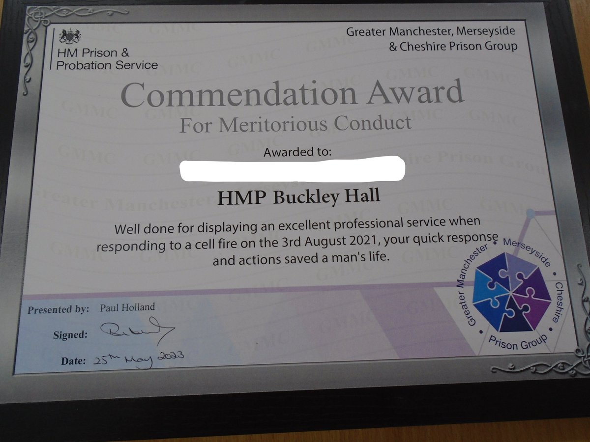 @HMPBuckleyHall invited the Regional Manager (PGD) to a ceremony to present commendations to 8 colleagues, including @SpectrumCIC, for their meritorious conduct rescuing a prisoner from a cell fire. Without their swift action & courage the prisoner may have died.